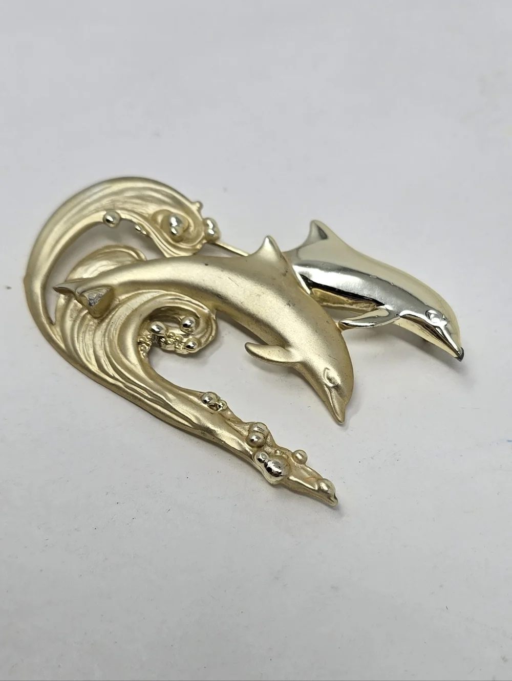 Vtg AJC dolphin brooch gold‎ tone matte shiny ocean waves summer costal animal